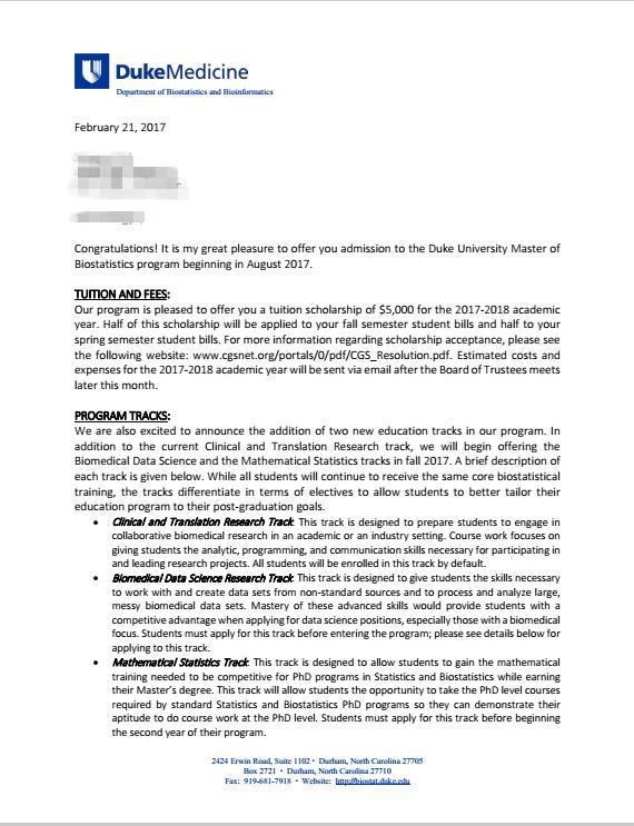史同学被杜克大学录取