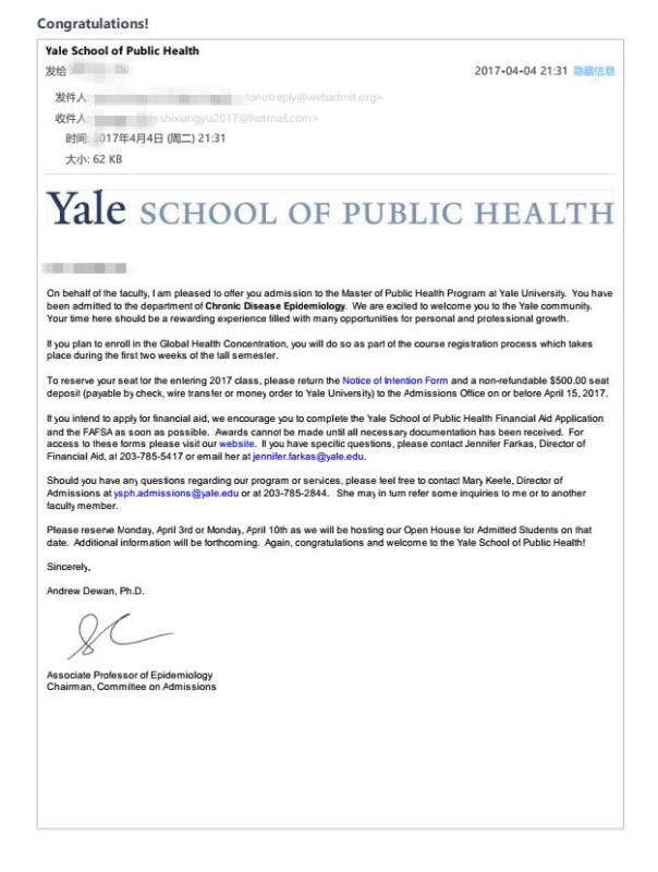 施同学被耶鲁大学录取