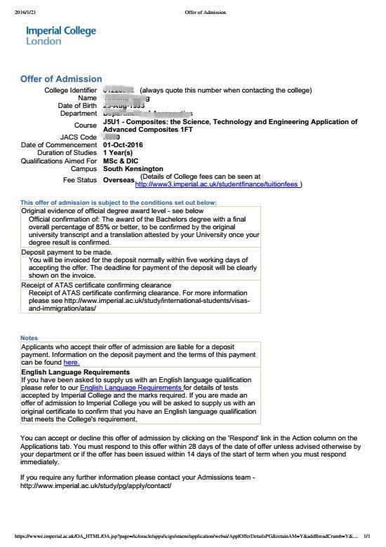 王同学被帝国理工学院录取