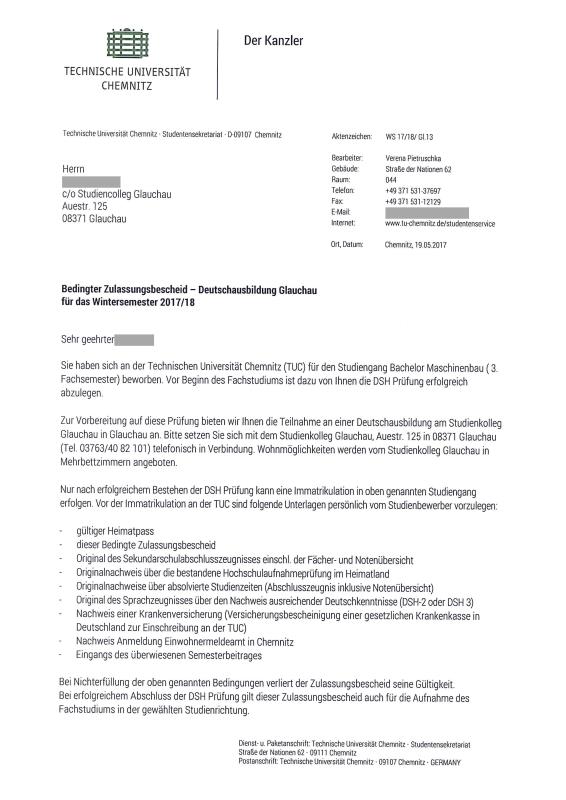 邹同学被德国开姆尼茨工业大学录取